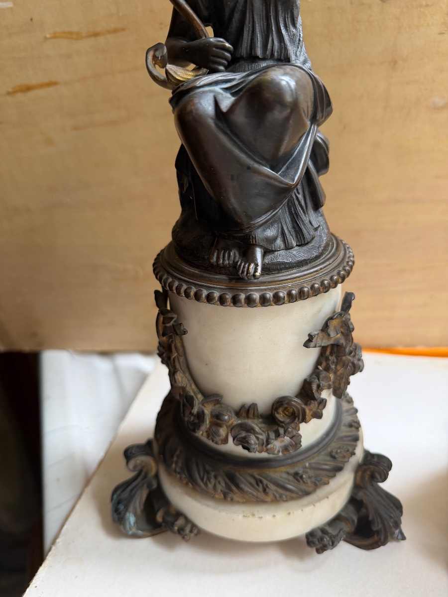 Pair Of Three-armed Castle Candelabra Made Of Carrara Marble And Chiseled Bronze With A Patina, 19-photo-3
