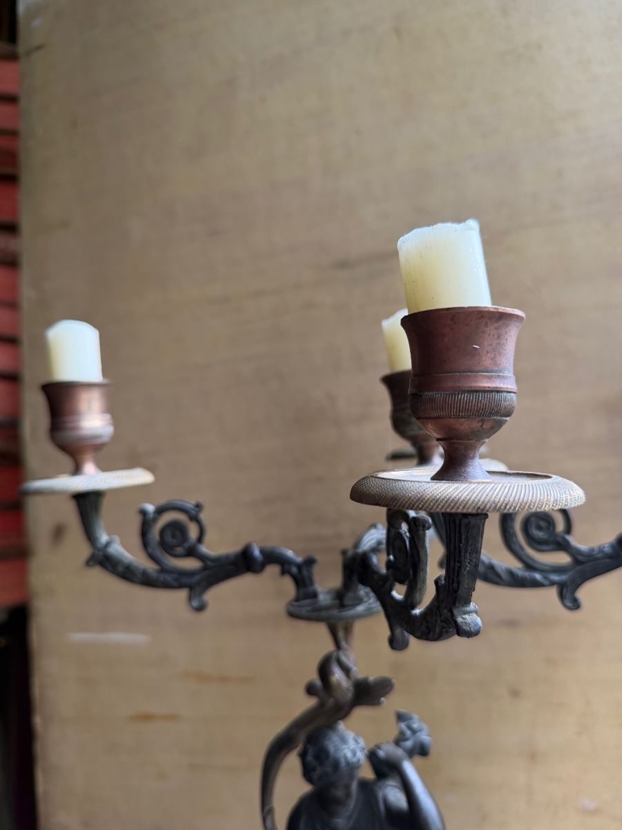 Pair Of Three-armed Castle Candelabra Made Of Carrara Marble And Chiseled Bronze With A Patina, 19-photo-4