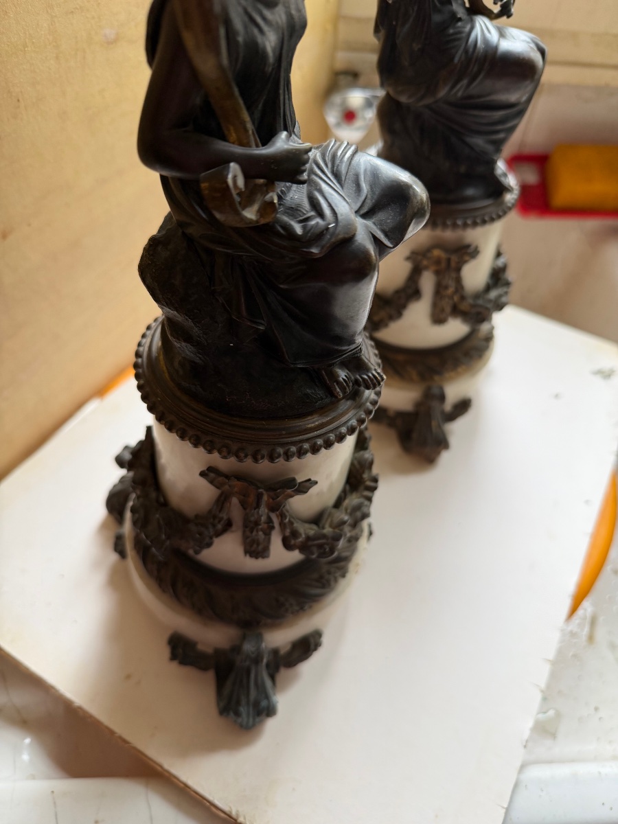 Pair Of Three-armed Castle Candelabra Made Of Carrara Marble And Chiseled Bronze With A Patina, 19-photo-5