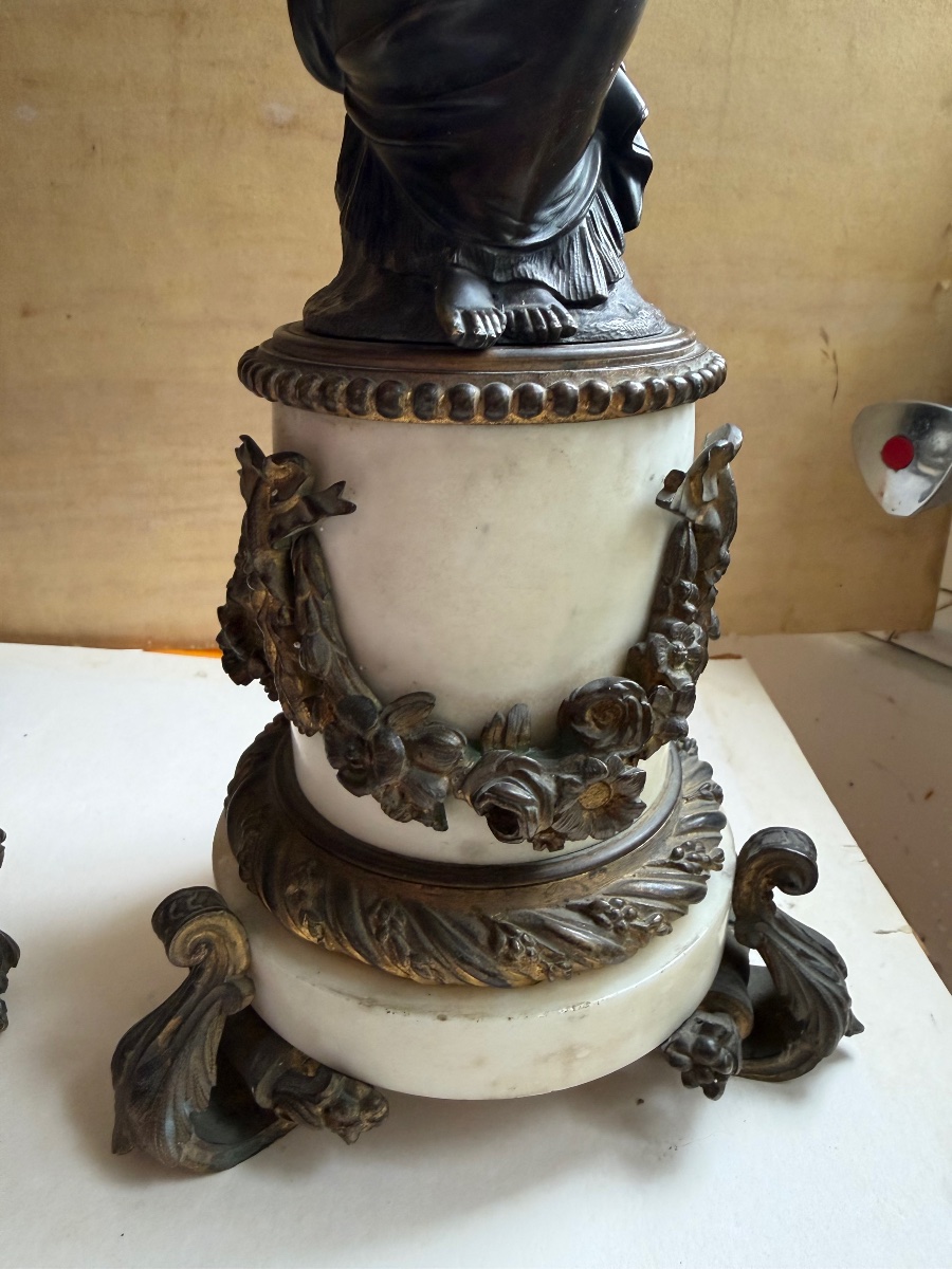 Pair Of Three-armed Castle Candelabra Made Of Carrara Marble And Chiseled Bronze With A Patina, 19-photo-8