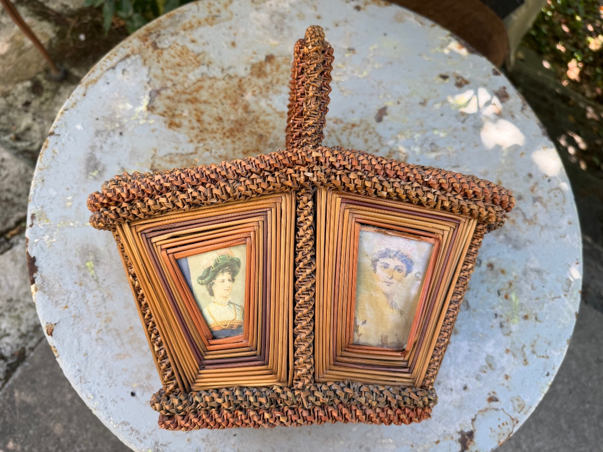 Rare And Beautiful Harvest Basket, Featuring Elegant And Delicate Wickerwork With Images Preserved Under Glass, 19th Century-photo-2