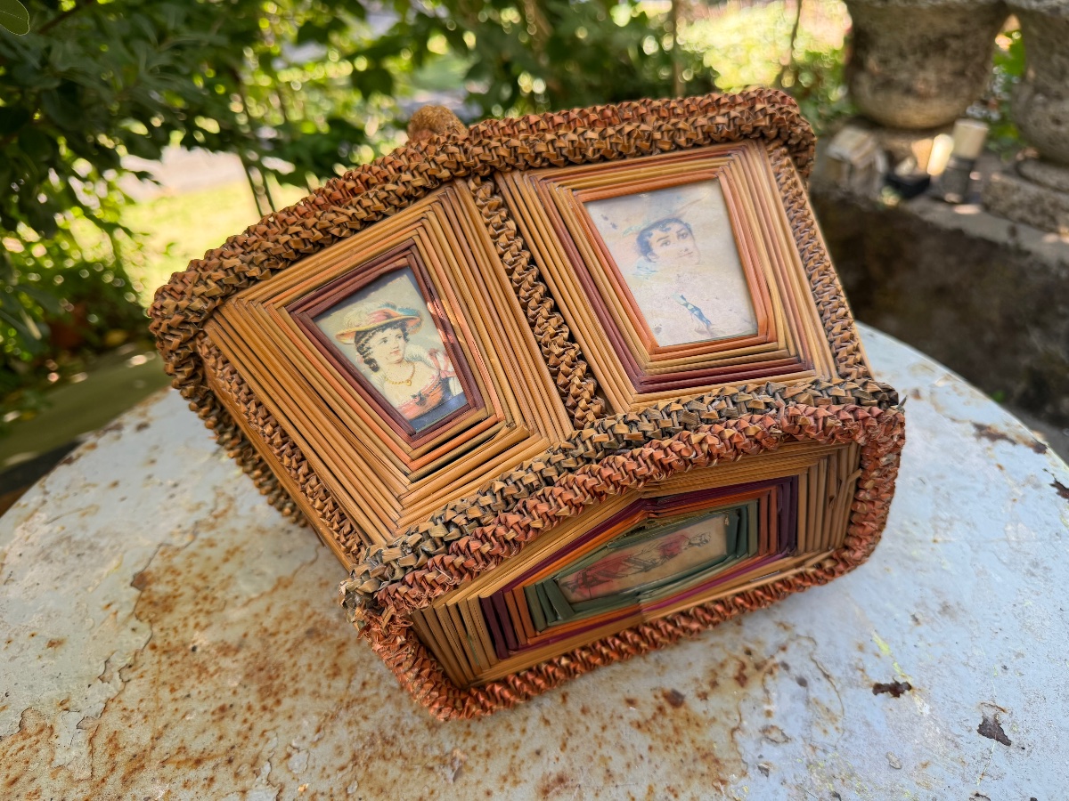 Rare And Beautiful Harvest Basket, Featuring Elegant And Delicate Wickerwork With Images Preserved Under Glass, 19th Century-photo-8