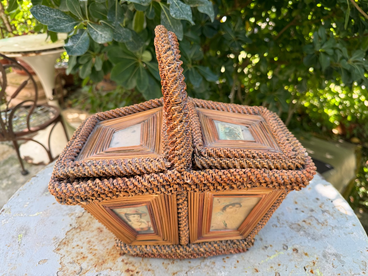 Rare And Beautiful Harvest Basket, Featuring Elegant And Delicate Wickerwork With Images Preserved Under Glass, 19th Century