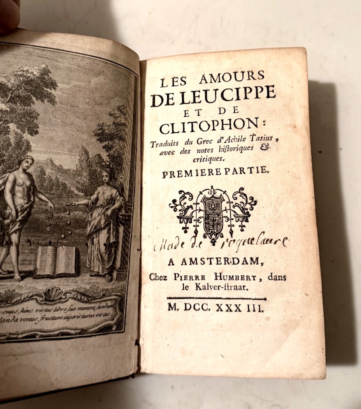 1 Vol. In 12 :"Les Amours de Leucippe et de Clitophon ," trad. du Grec . A  Amsterdam 1733-photo-4