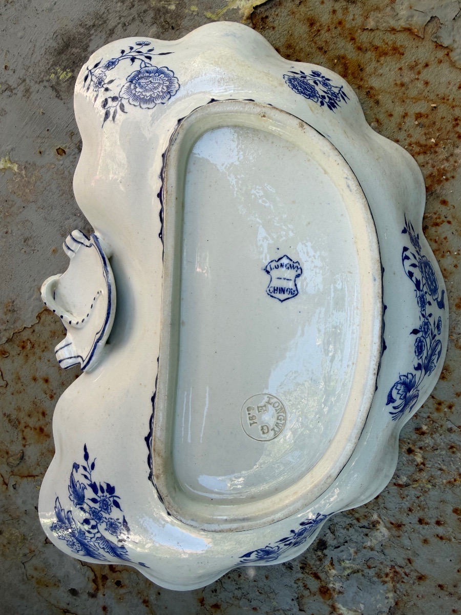 Belle paire de Ravier en faïence de Longwy collection "Chinois" émail blanc ,motif bleus XIXème-photo-1