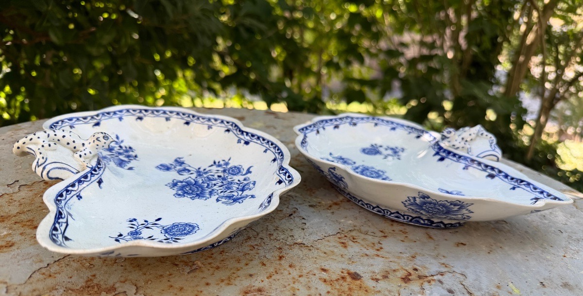 Belle paire de Ravier en faïence de Longwy collection "Chinois" émail blanc ,motif bleus XIXème-photo-5