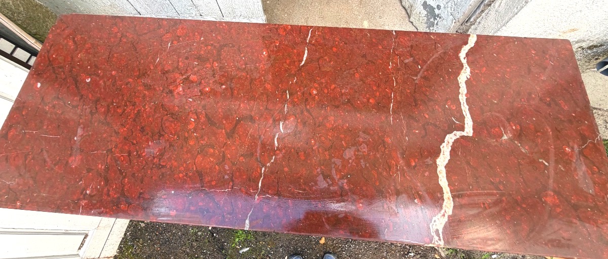 A Simple And Elegant First Empire Console Table In Mahogany Veneer With Column-style Legs And Cherry-red Marble-photo-3