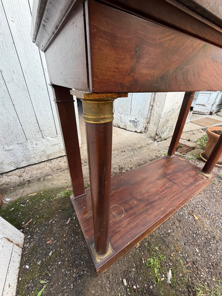 A Simple And Elegant First Empire Console Table In Mahogany Veneer With Column-style Legs And Cherry-red Marble-photo-4