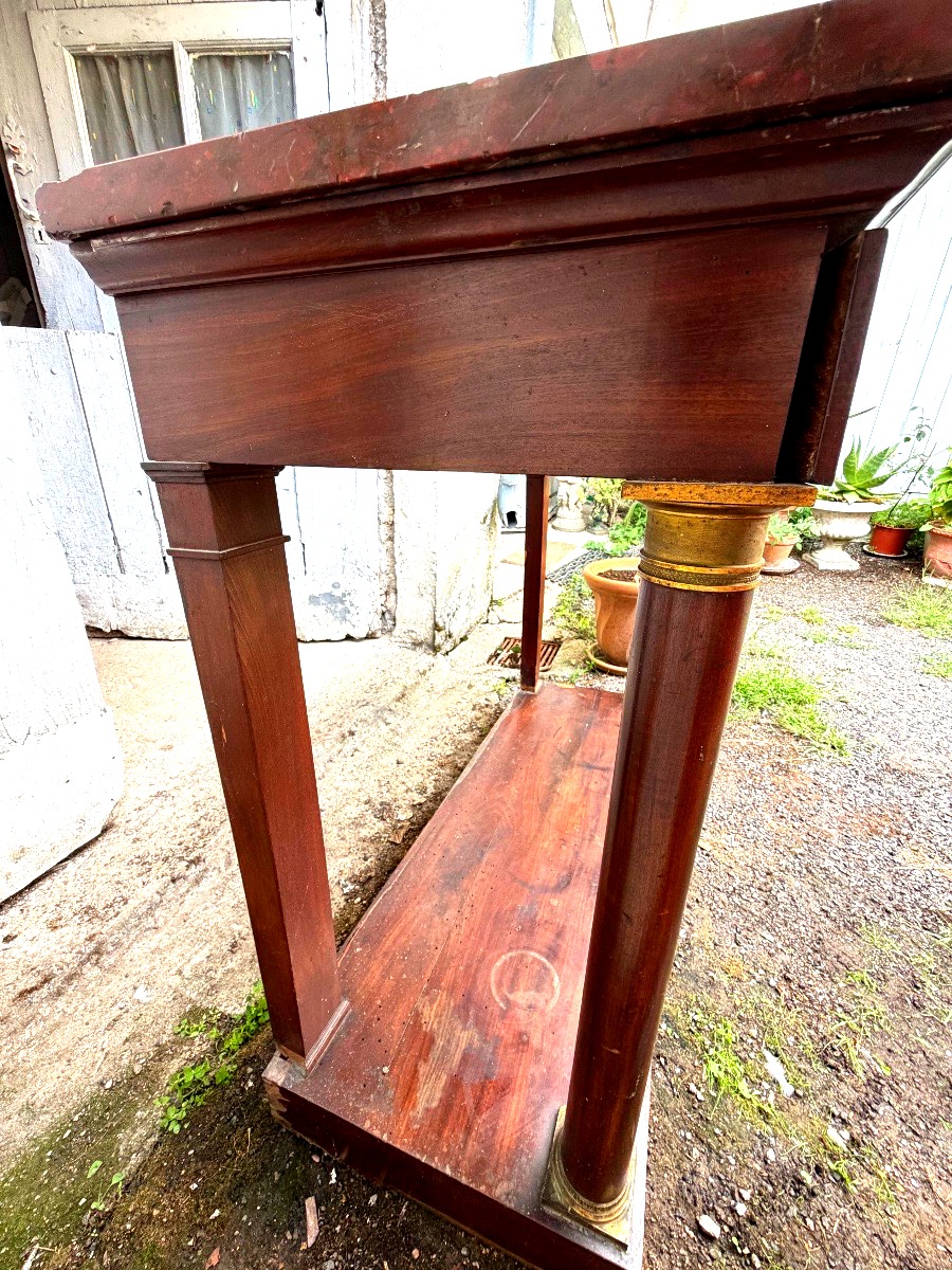 A Simple And Elegant First Empire Console Table In Mahogany Veneer With Column-style Legs And Cherry-red Marble-photo-6