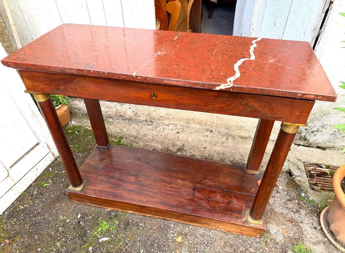 A Simple And Elegant First Empire Console Table In Mahogany Veneer With Column-style Legs And Cherry-red Marble