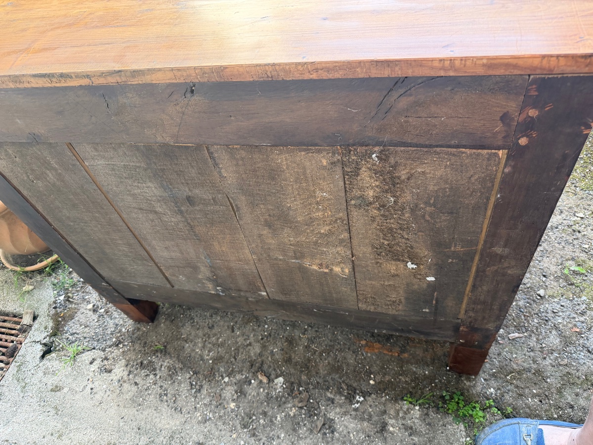 Commode transition ,merisier blond trois tiroirs moulurés et incrustations pieds escargots 18èm-photo-3