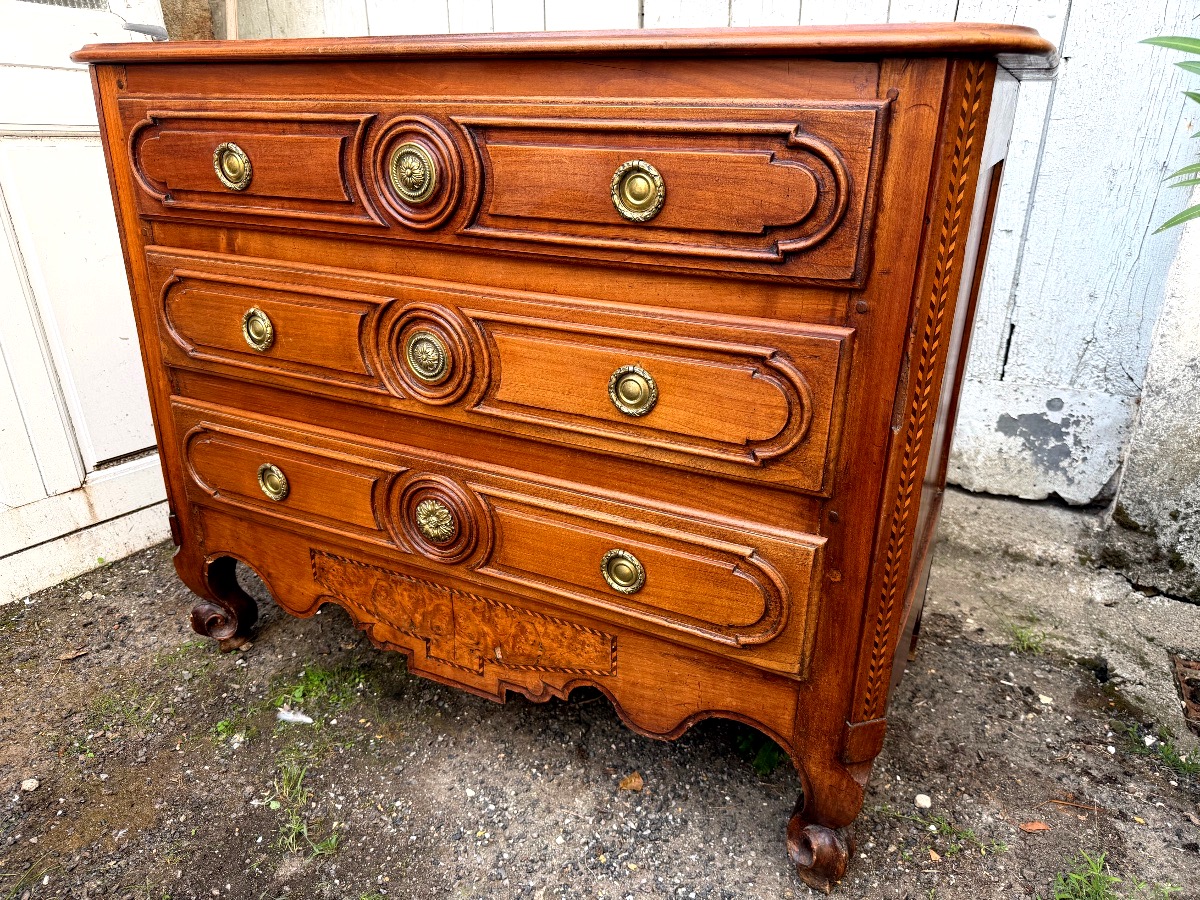 Commode transition ,merisier blond trois tiroirs moulurés et incrustations pieds escargots 18èm-photo-7