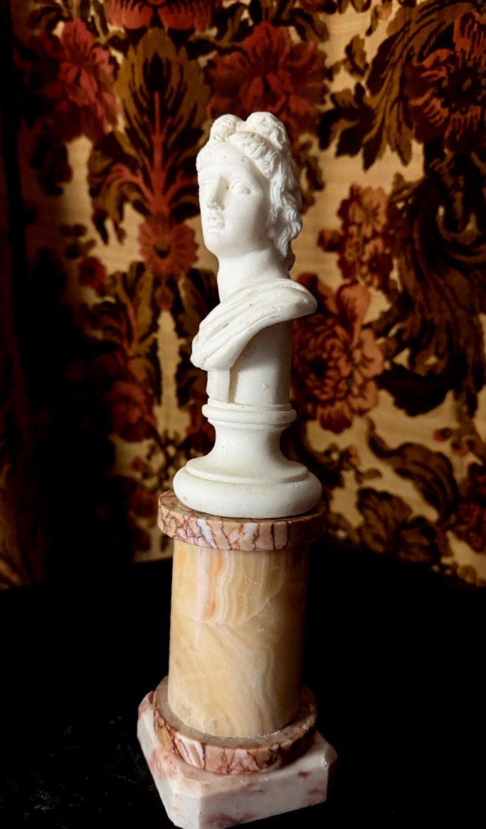 Bust Of Apollo In White Carrara Marble On An Onyx And Veined Marble Column Pedestal, 19th Century-photo-4