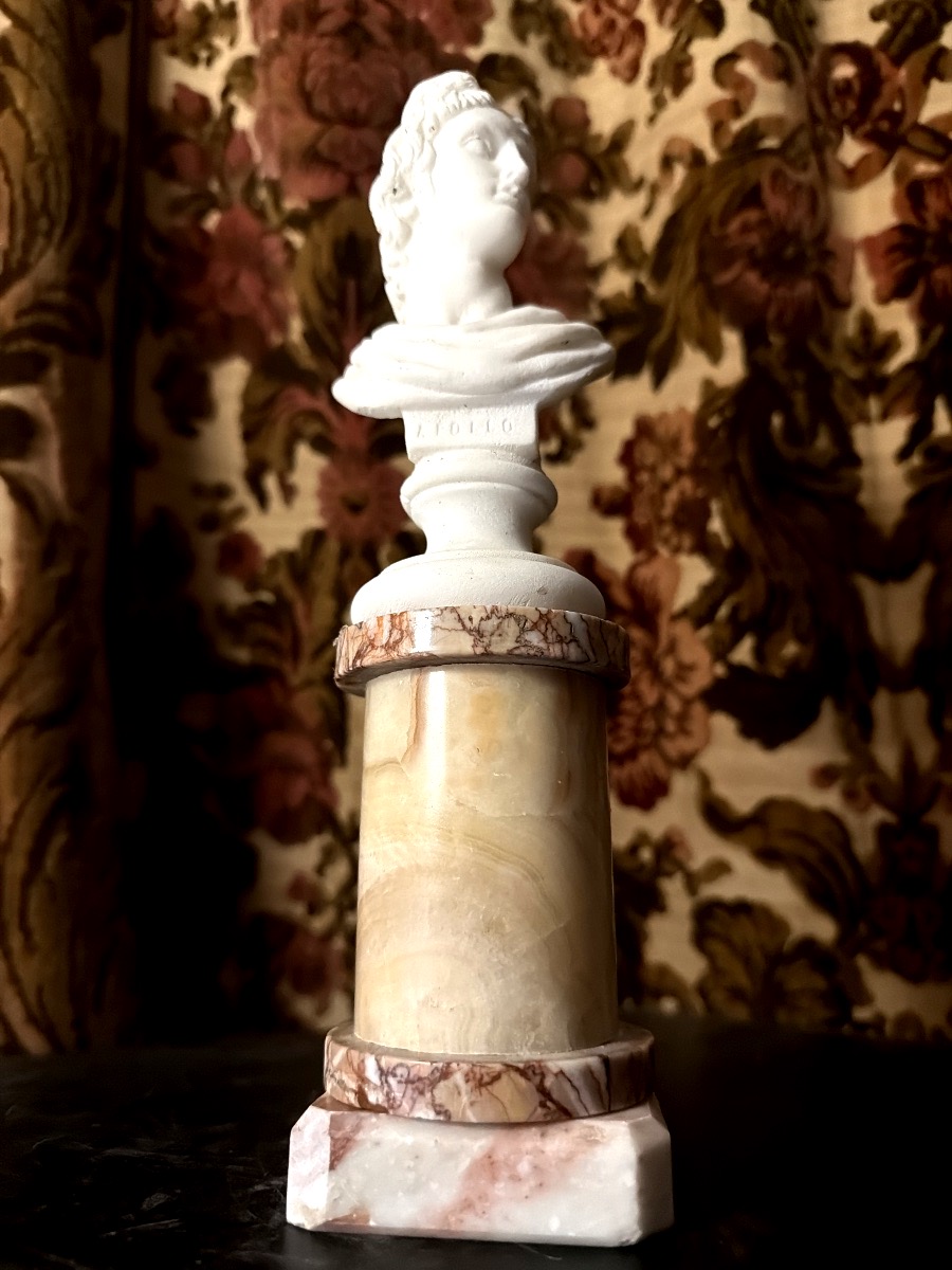 Bust Of Apollo In White Carrara Marble On An Onyx And Veined Marble Column Pedestal, 19th Century-photo-2