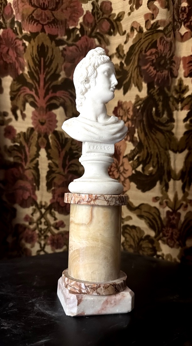 Bust Of Apollo In White Carrara Marble On An Onyx And Veined Marble Column Pedestal, 19th Century-photo-6