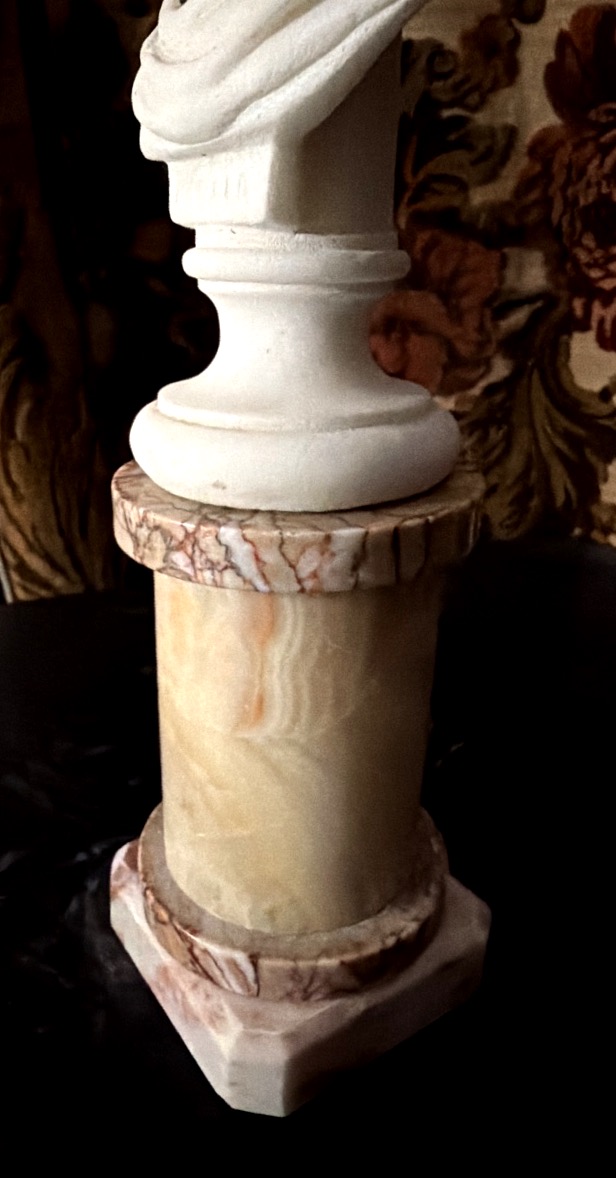 Bust Of Apollo In White Carrara Marble On An Onyx And Veined Marble Column Pedestal, 19th Century-photo-8