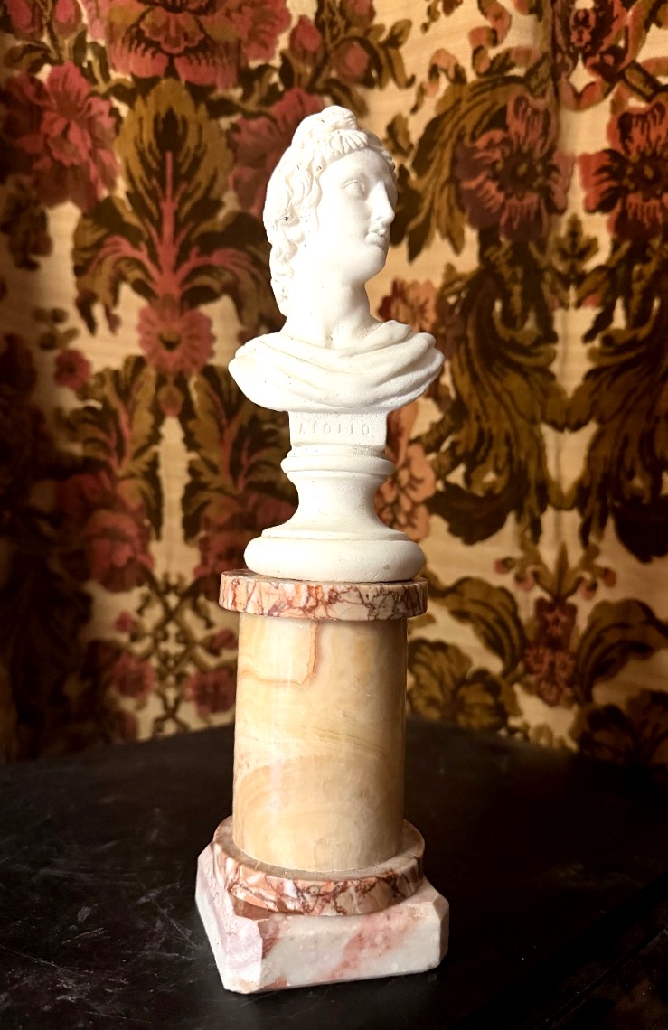 Bust Of Apollo In White Carrara Marble On An Onyx And Veined Marble Column Pedestal, 19th Century