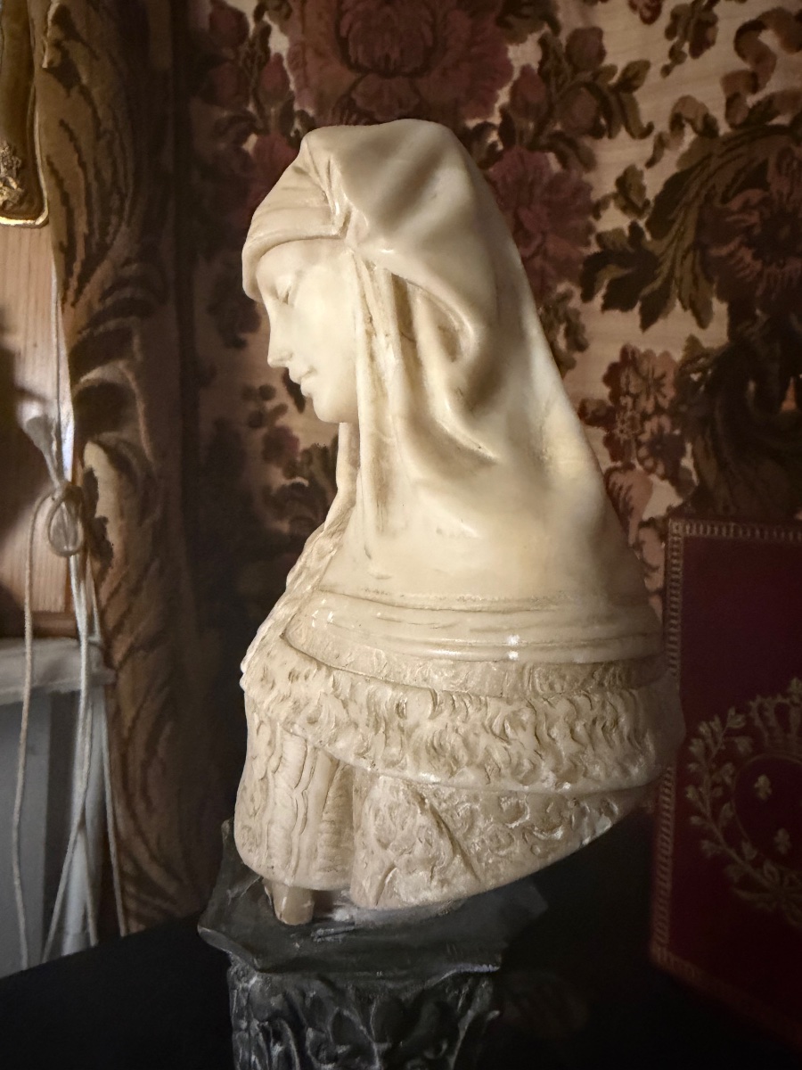Bust Of A Woman With Covered Hair In The Italian Renaissance Style, Signed Bosio, 19th Century-photo-3