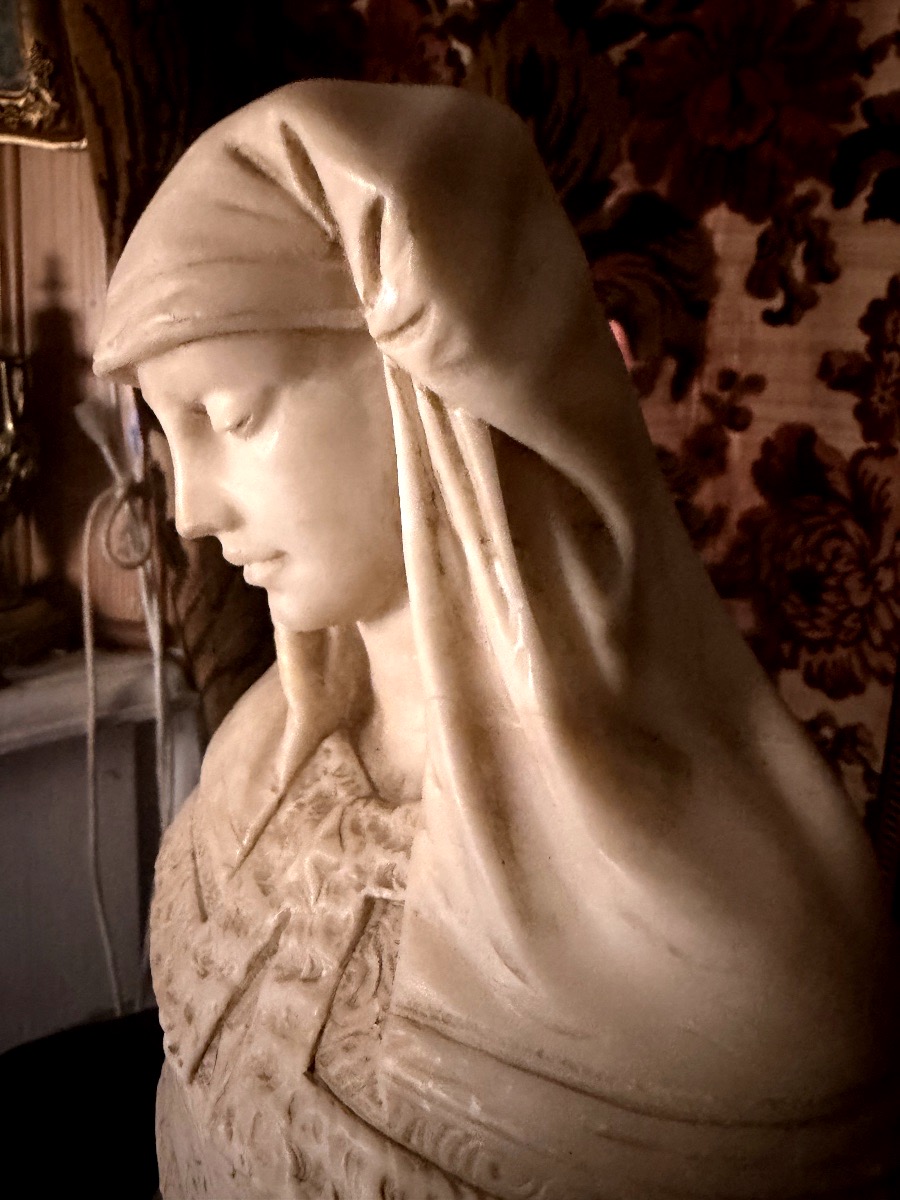 Bust Of A Woman With Covered Hair In The Italian Renaissance Style, Signed Bosio, 19th Century-photo-2