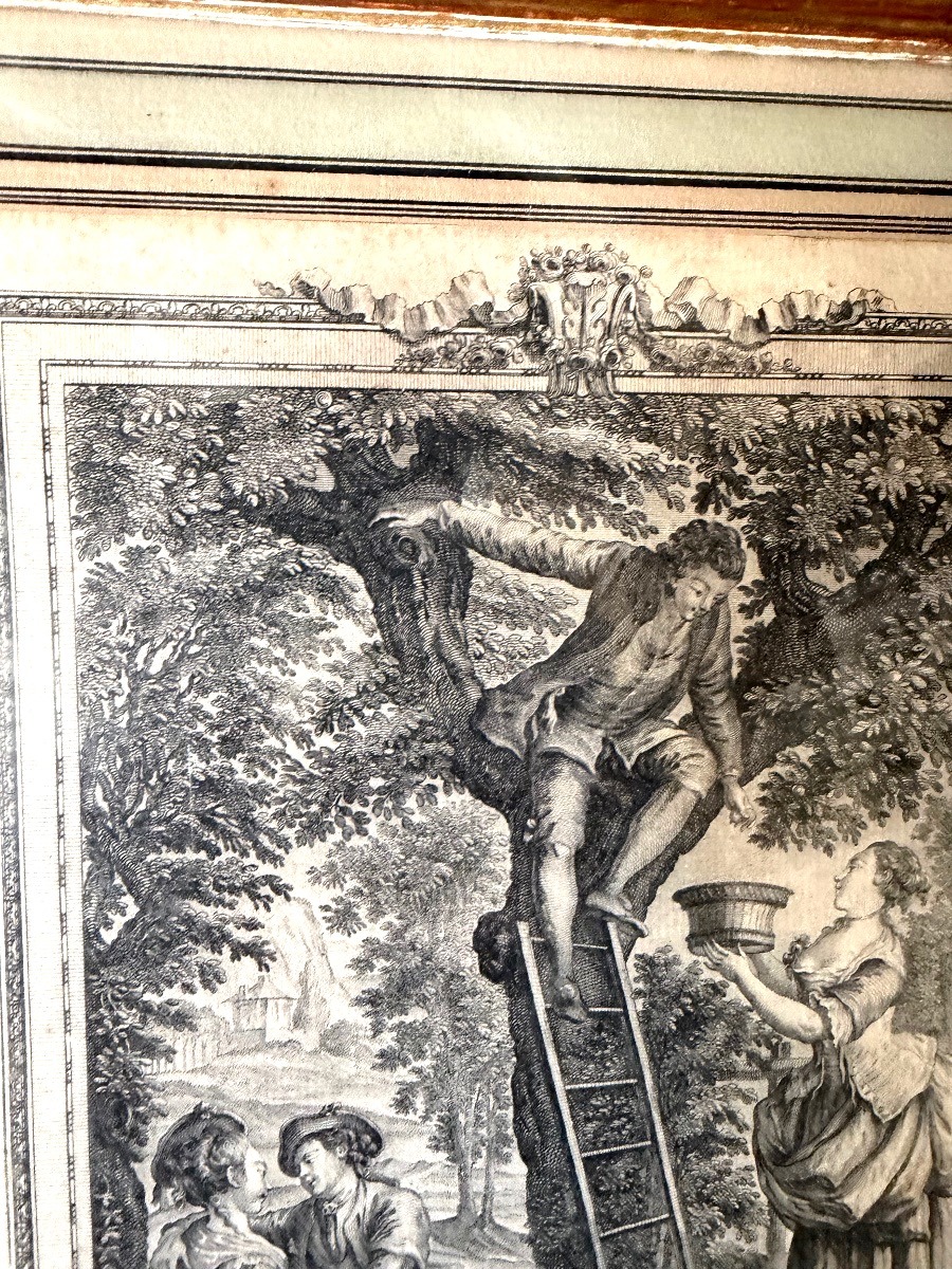 Fine Gravure XVIIIème cadre moulure bois doré perlé "La Récolte d'Automne" dédiée a Beauvillieu-photo-2