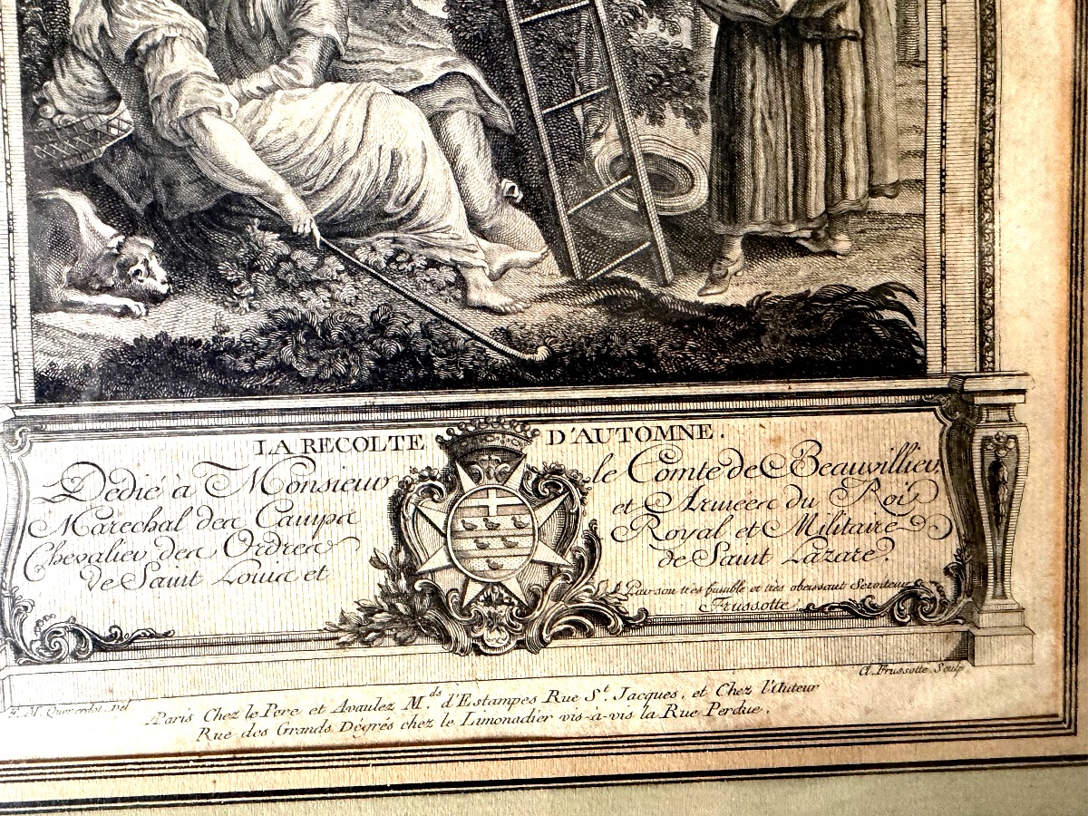 Fine Gravure XVIIIème cadre moulure bois doré perlé "La Récolte d'Automne" dédiée a Beauvillieu-photo-4
