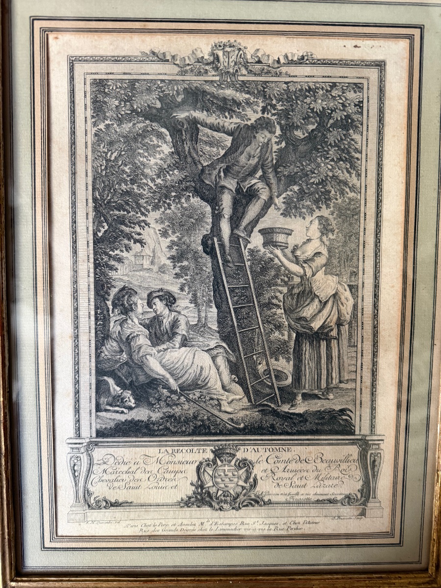 Fine Gravure XVIIIème cadre moulure bois doré perlé "La Récolte d'Automne" dédiée a Beauvillieu-photo-1