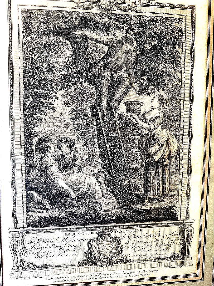 Fine Gravure XVIIIème cadre moulure bois doré perlé "La Récolte d'Automne" dédiée a Beauvillieu-photo-4