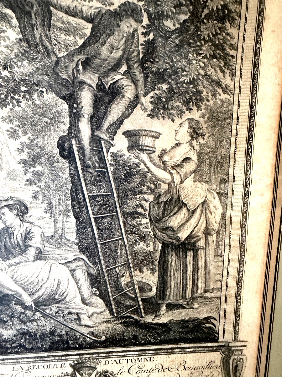 Fine Gravure XVIIIème cadre moulure bois doré perlé "La Récolte d'Automne" dédiée a Beauvillieu-photo-6