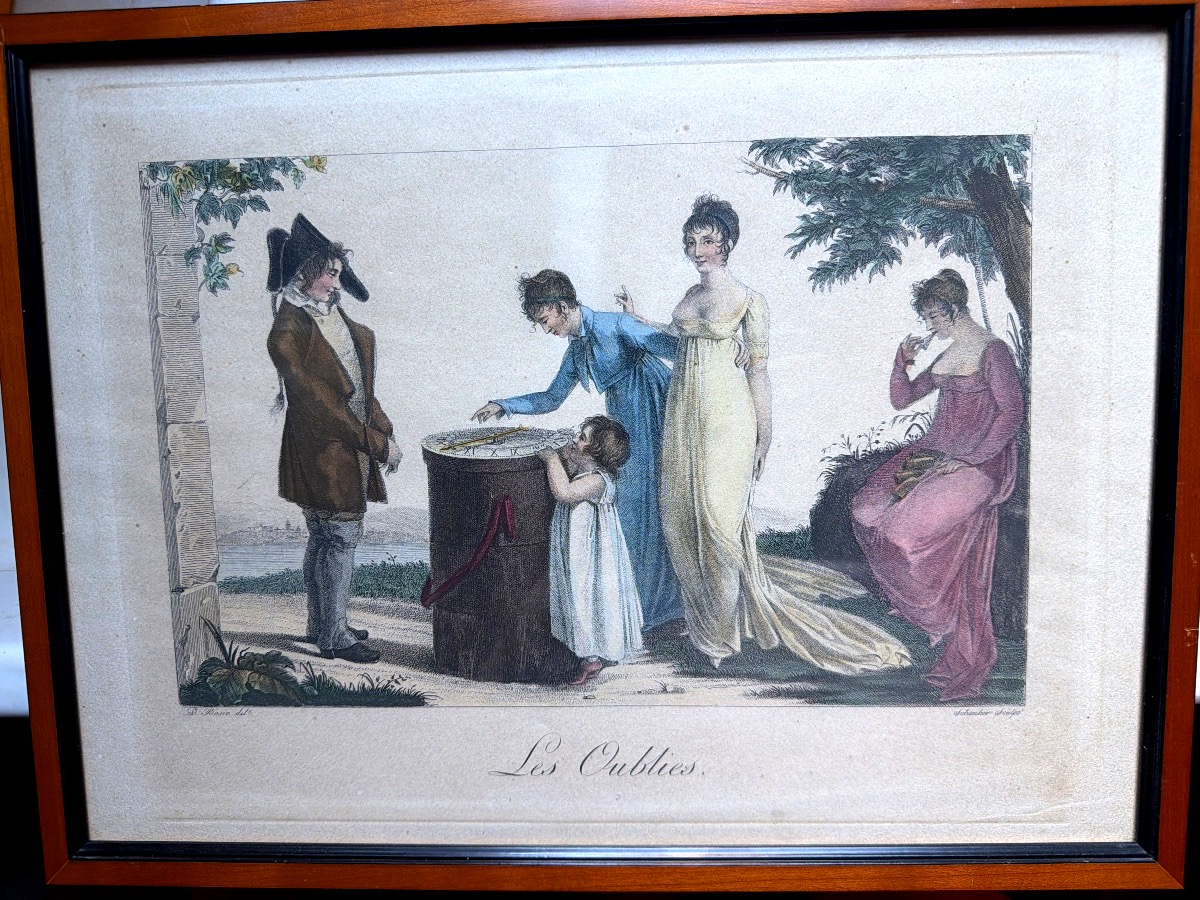 A Charming Early 19th-century Aquatint Engraving, Framed, Titled "jeu Des Oubliés," With A Needle Pointing To-photo-2