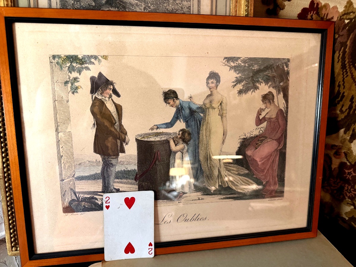 A Charming Early 19th-century Aquatint Engraving, Framed, Titled "jeu Des Oubliés," With A Needle Pointing To-photo-2