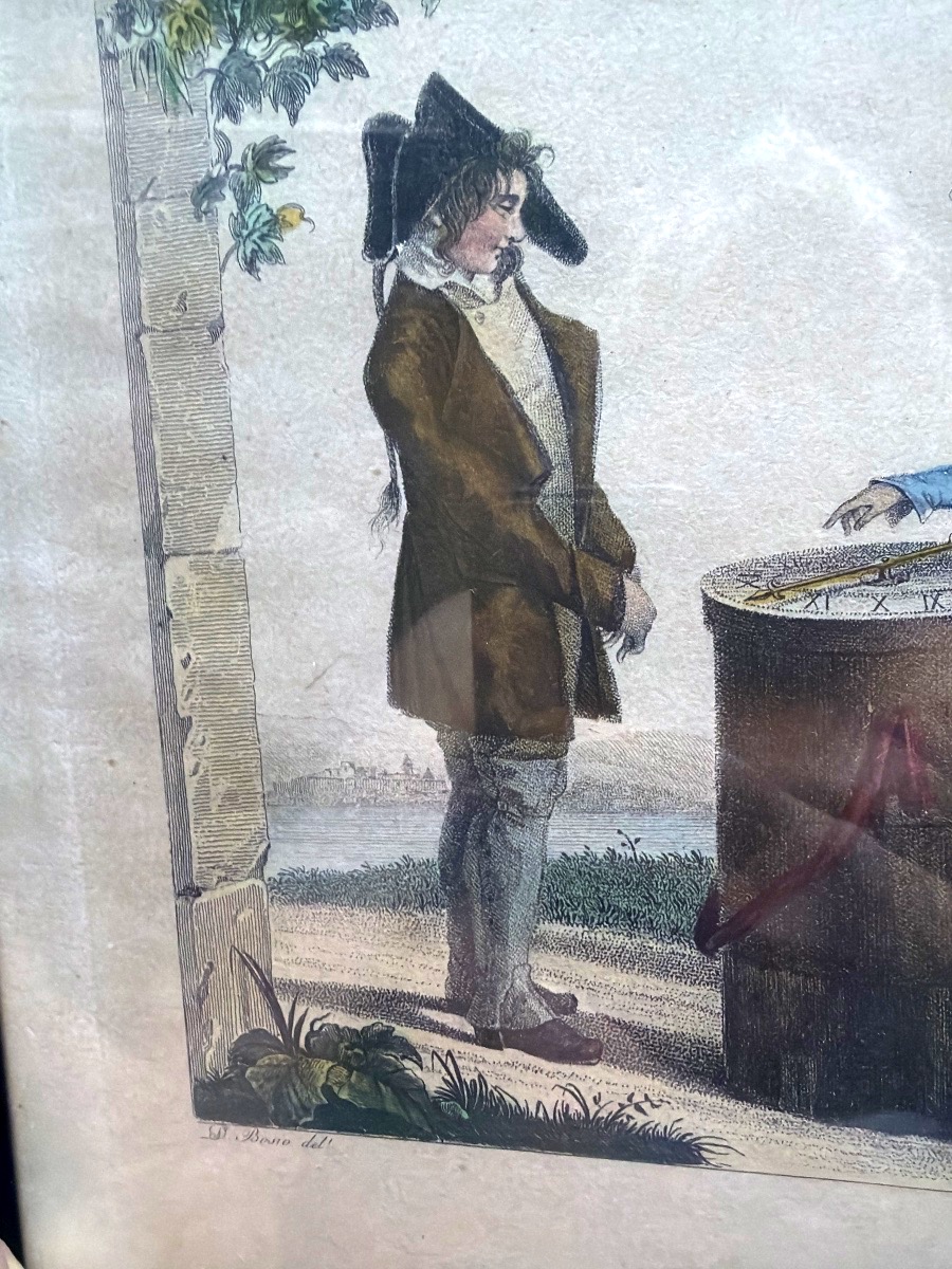 A Charming Early 19th-century Aquatint Engraving, Framed, Titled "jeu Des Oubliés," With A Needle Pointing To-photo-1