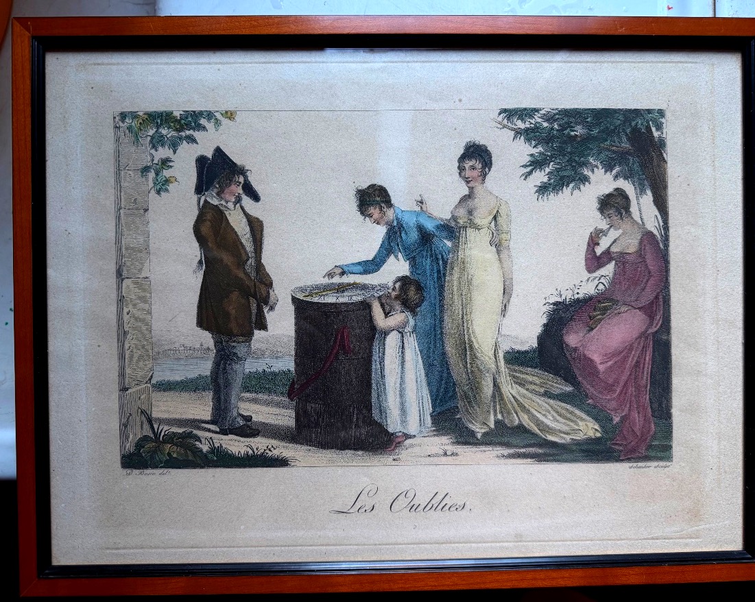 A Charming Early 19th-century Aquatint Engraving, Framed, Titled "jeu Des Oubliés," With A Needle Pointing To