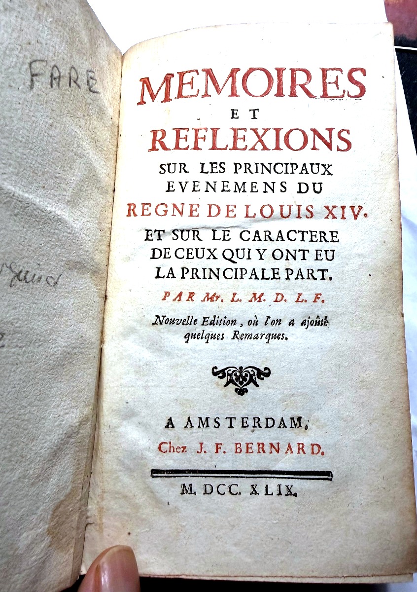 Rares Mémoires du Marquis de la Fare .1749, sur les principaux événements du règne de Louis XIV-photo-2