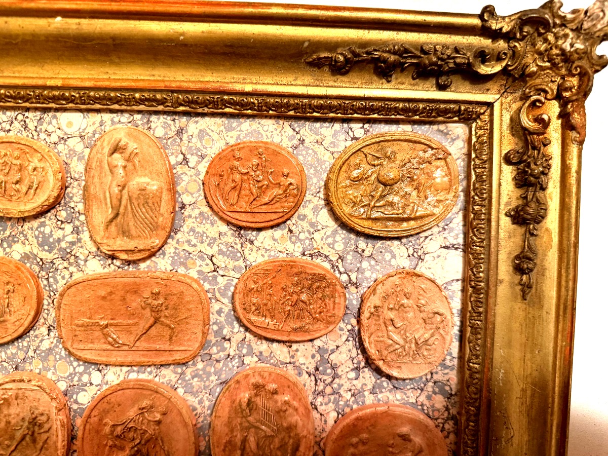 Collection d'empreintes de Camées en Terra-cotta d'Antiques encadrés XIX ème Castello Di Samm..-photo-4