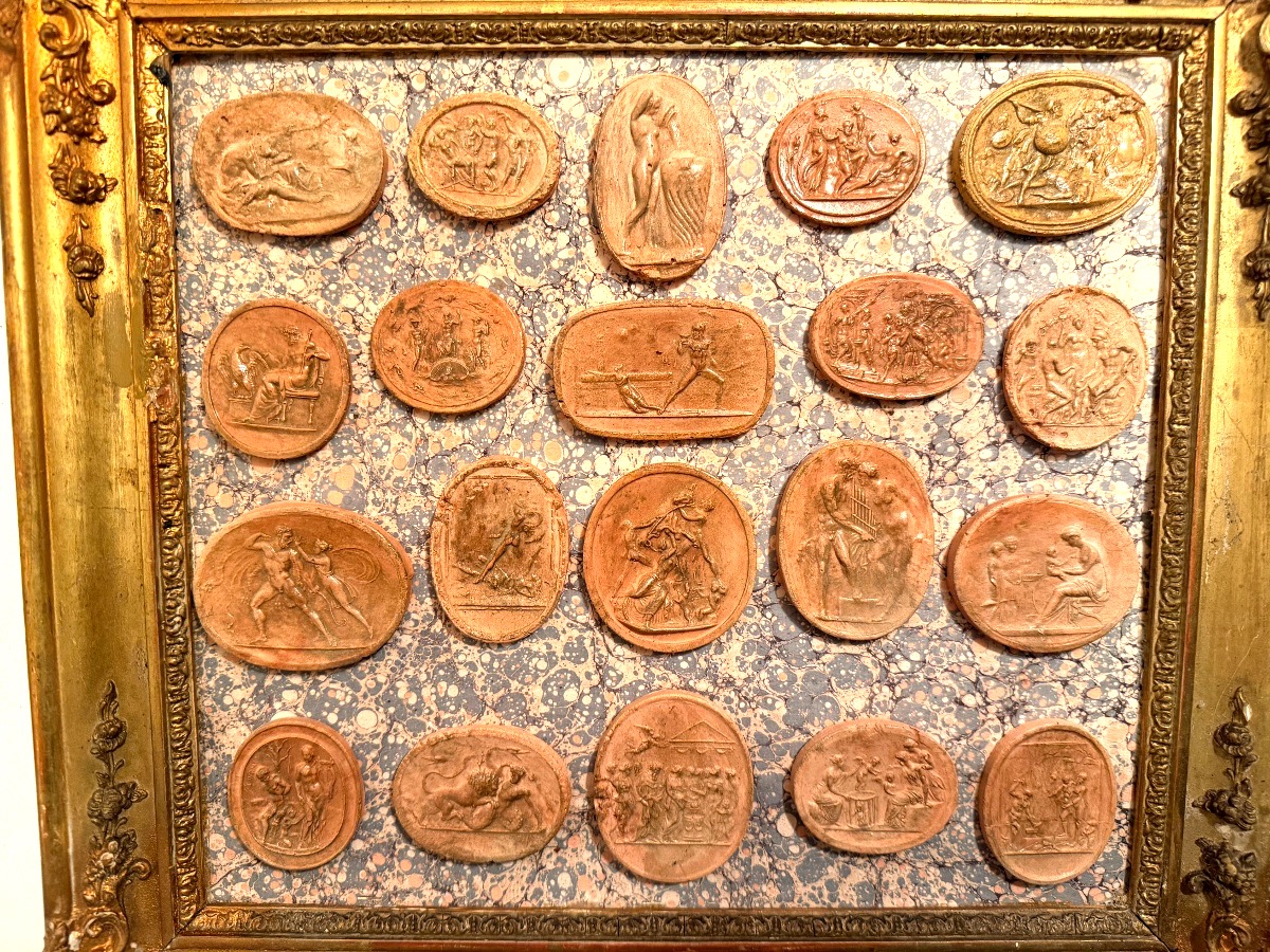 Collection d'empreintes de Camées en Terra-cotta d'Antiques encadrés XIX ème Castello Di Samm..-photo-4