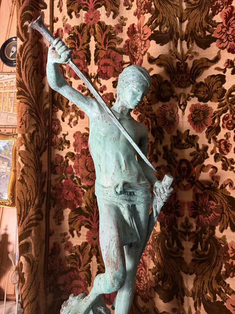Large Bronze Statue With A Green Patina, "david Slaying Goliath," Chiseled After "mercier," Early 20th Century-photo-3