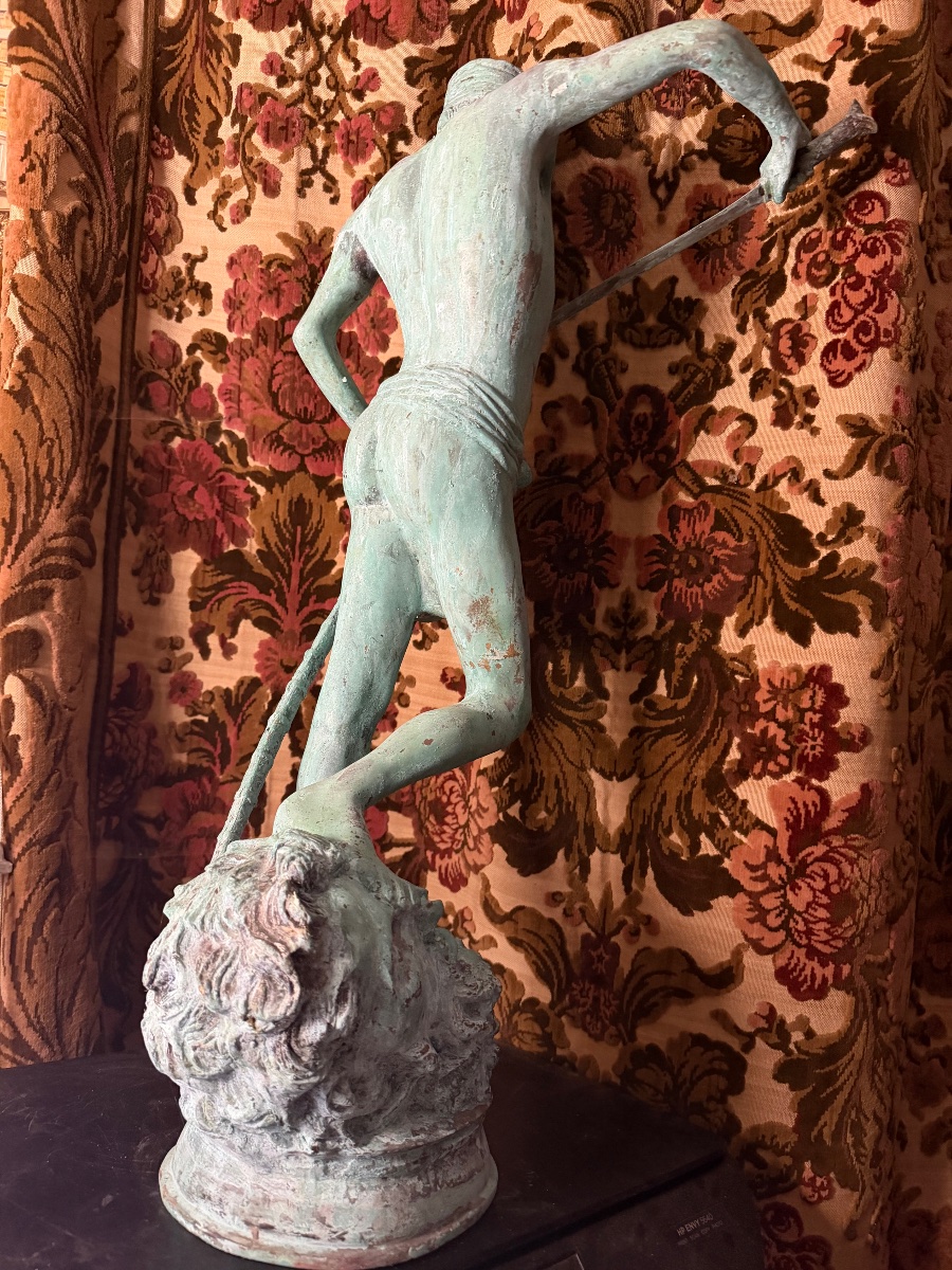 Large Bronze Statue With A Green Patina, "david Slaying Goliath," Chiseled After "mercier," Early 20th Century-photo-5