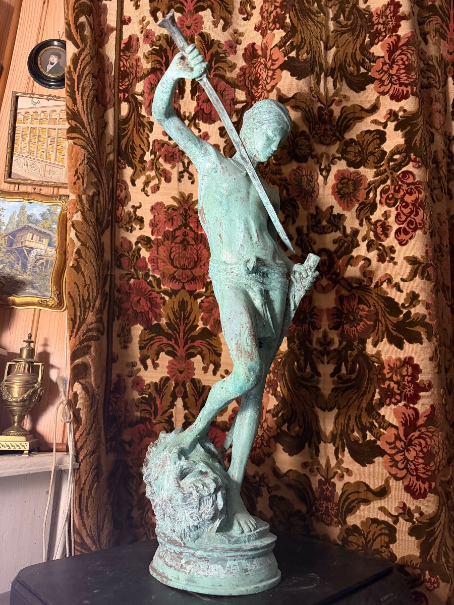 Large Bronze Statue With A Green Patina, "david Slaying Goliath," Chiseled After "mercier," Early 20th Century-photo-6