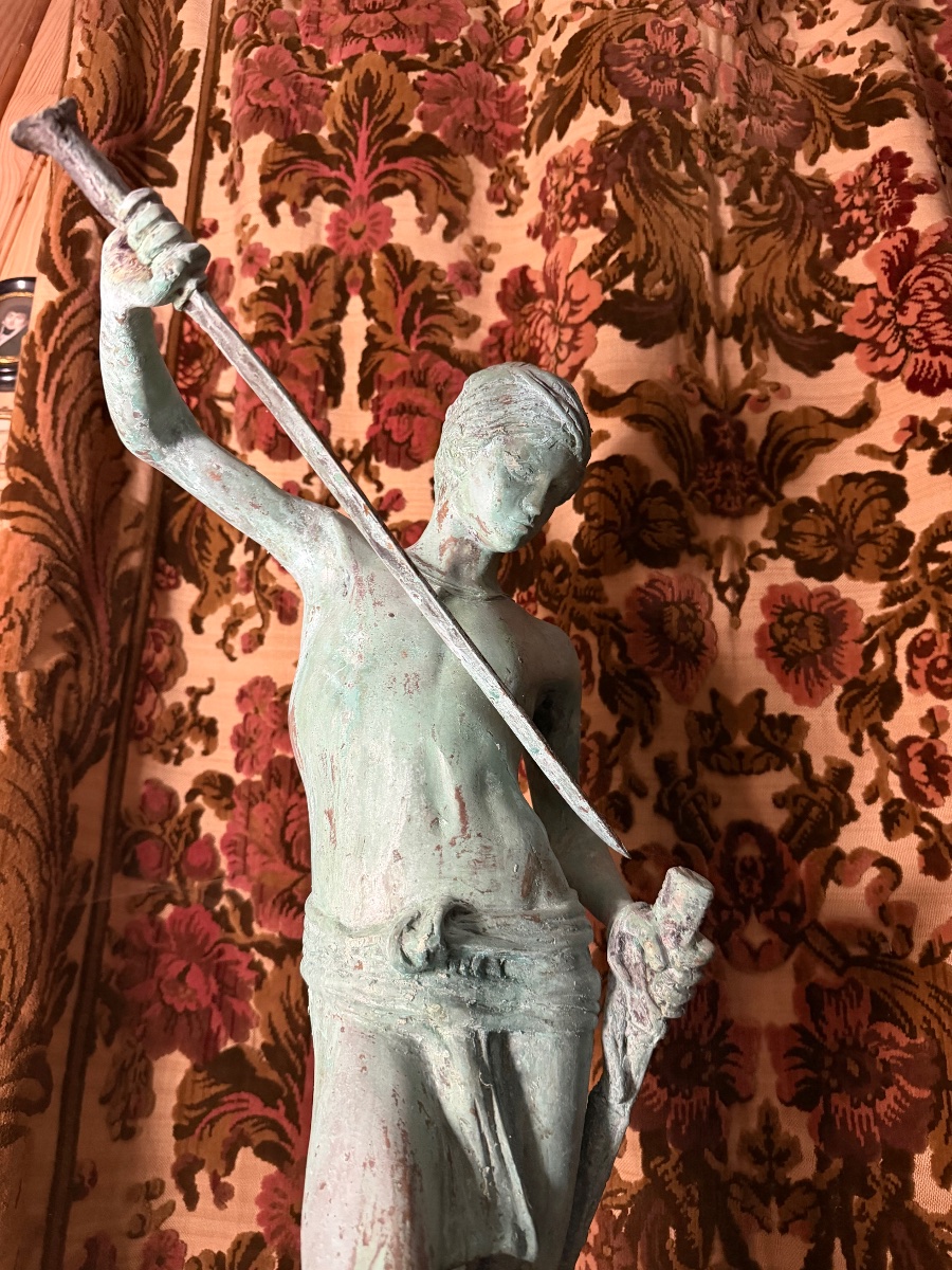 Large Bronze Statue With A Green Patina, "david Slaying Goliath," Chiseled After "mercier," Early 20th Century-photo-8