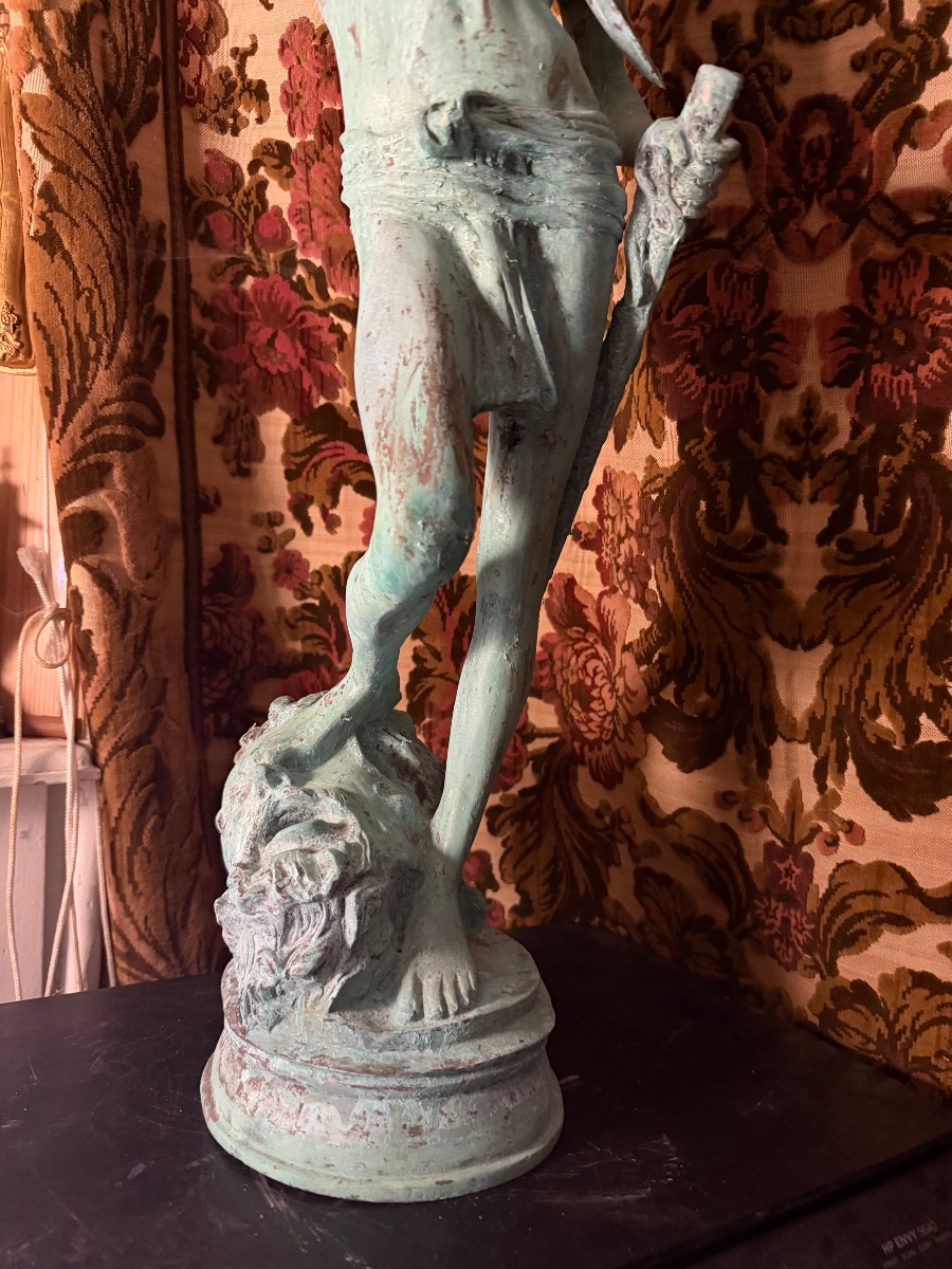 Large Bronze Statue With A Green Patina, "david Slaying Goliath," Chiseled After "mercier," Early 20th Century-photo-1