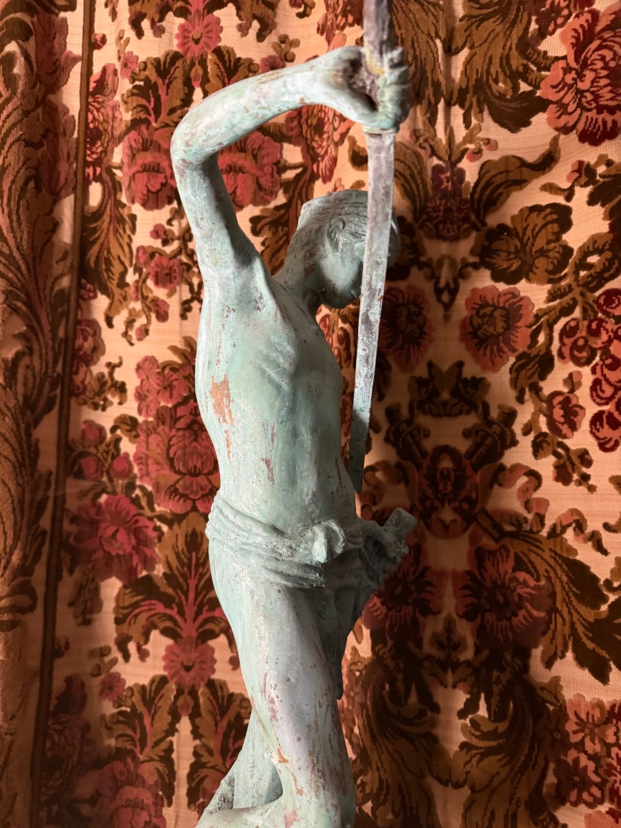 Large Bronze Statue With A Green Patina, "david Slaying Goliath," Chiseled After "mercier," Early 20th Century-photo-4