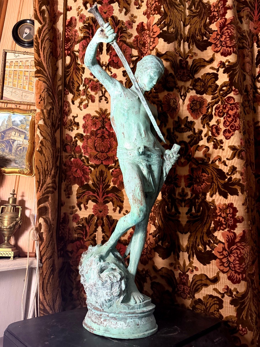 Large Bronze Statue With A Green Patina, "david Slaying Goliath," Chiseled After "mercier," Early 20th Century