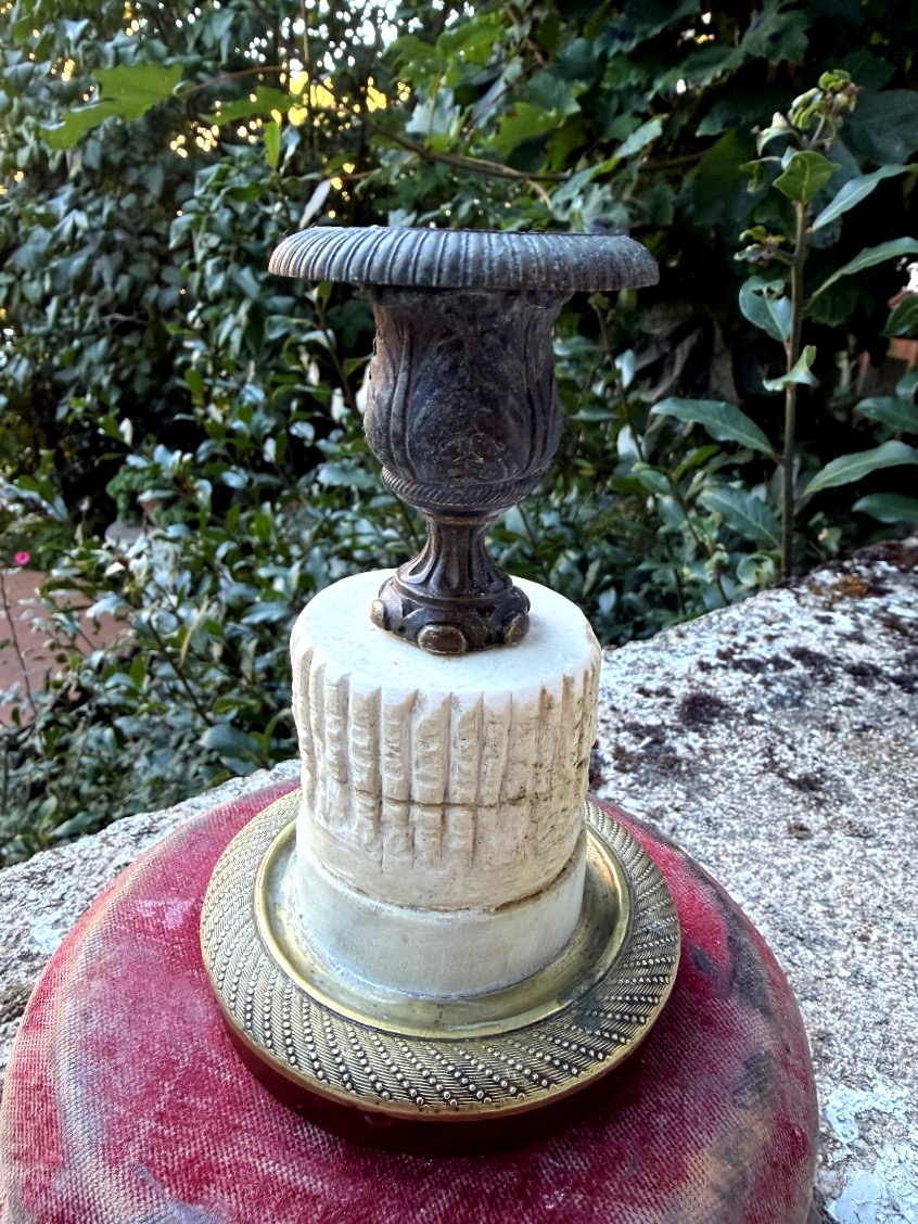 Low Desk Candlestick In Bronze And Carved Marble, Charles X Style, With A Truncated Column, Early 19th Century-photo-2