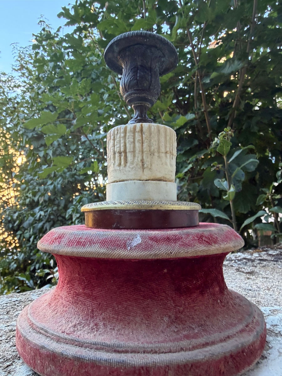 Low Desk Candlestick In Bronze And Carved Marble, Charles X Style, With A Truncated Column, Early 19th Century-photo-3