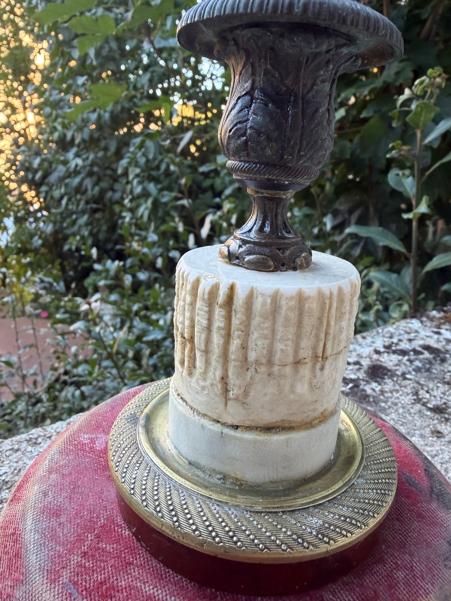 Low Desk Candlestick In Bronze And Carved Marble, Charles X Style, With A Truncated Column, Early 19th Century-photo-4