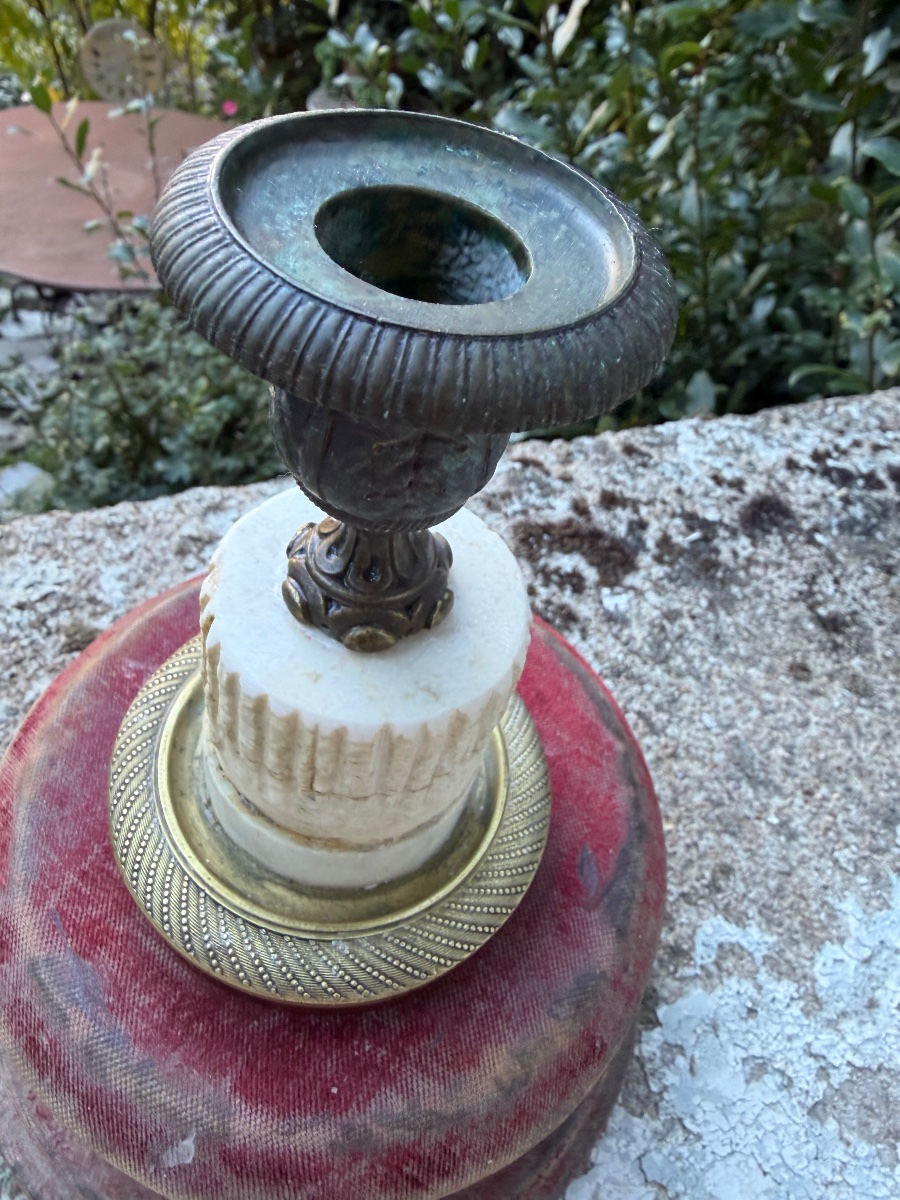 Low Desk Candlestick In Bronze And Carved Marble, Charles X Style, With A Truncated Column, Early 19th Century-photo-1