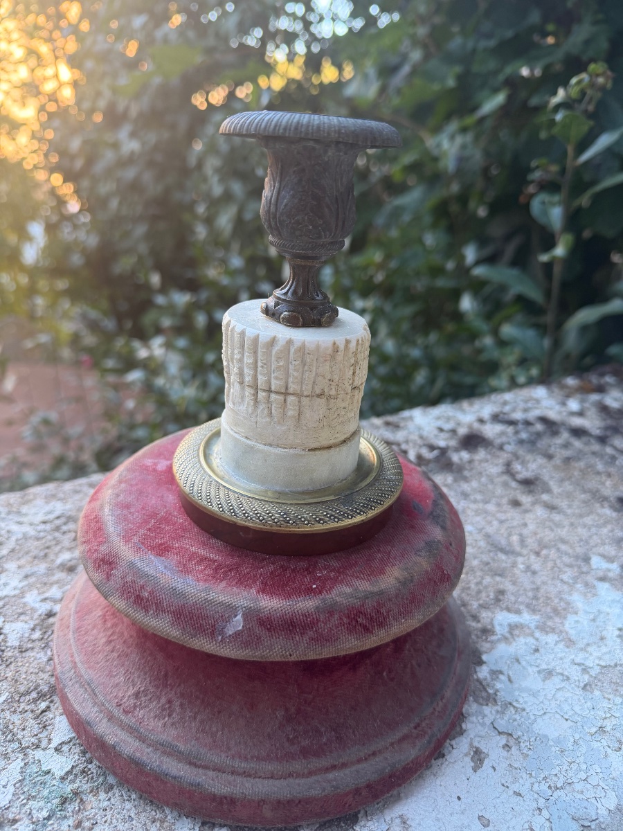 Low Desk Candlestick In Bronze And Carved Marble, Charles X Style, With A Truncated Column, Early 19th Century-photo-2