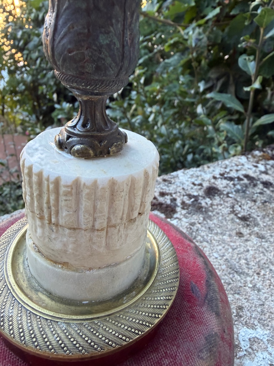 Low Desk Candlestick In Bronze And Carved Marble, Charles X Style, With A Truncated Column, Early 19th Century-photo-4