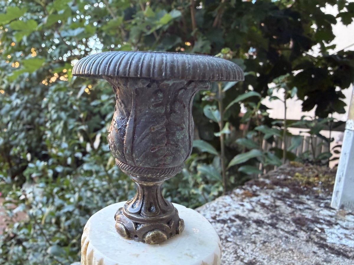 Low Desk Candlestick In Bronze And Carved Marble, Charles X Style, With A Truncated Column, Early 19th Century-photo-7