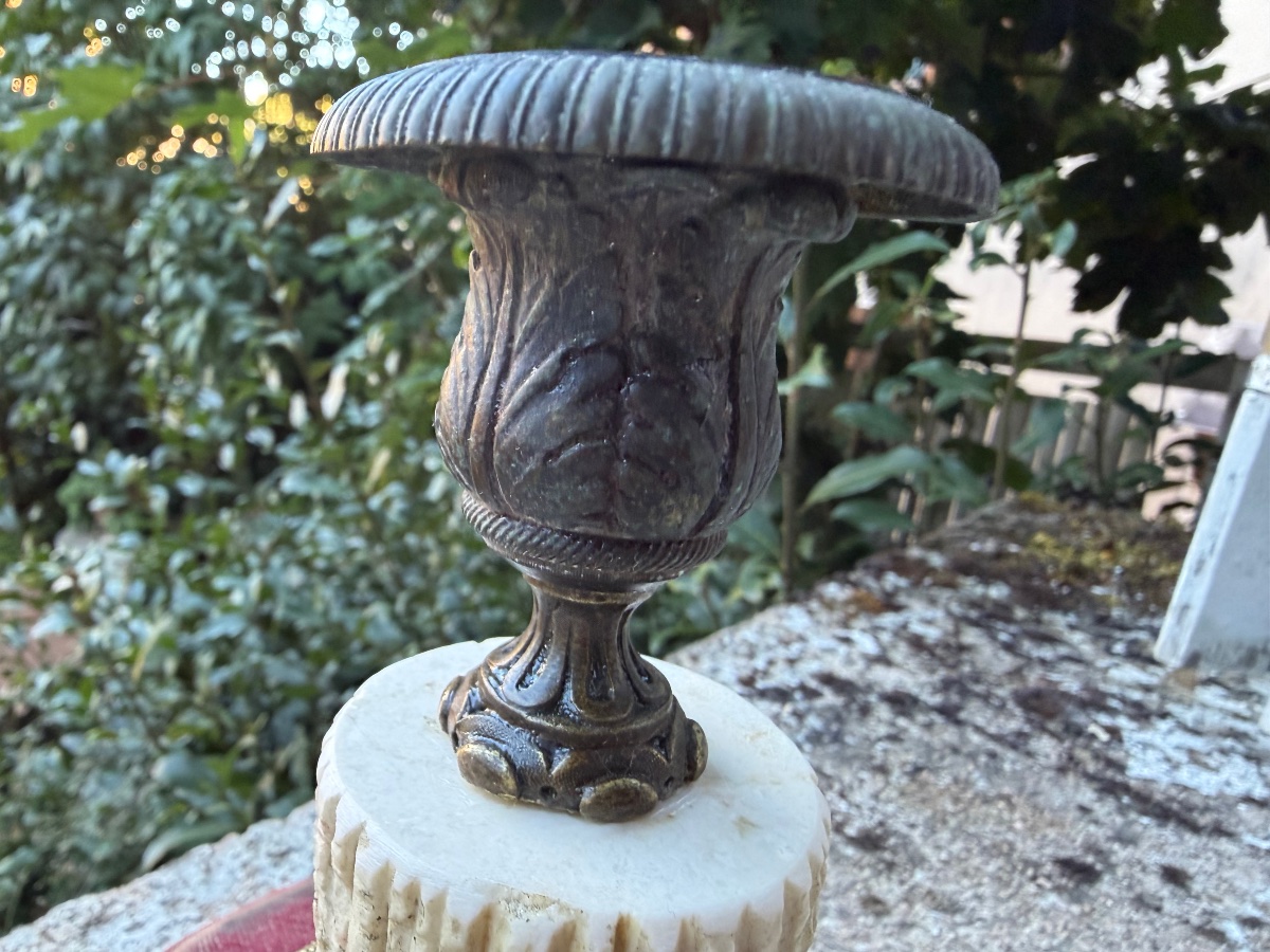 Low Desk Candlestick In Bronze And Carved Marble, Charles X Style, With A Truncated Column, Early 19th Century-photo-8